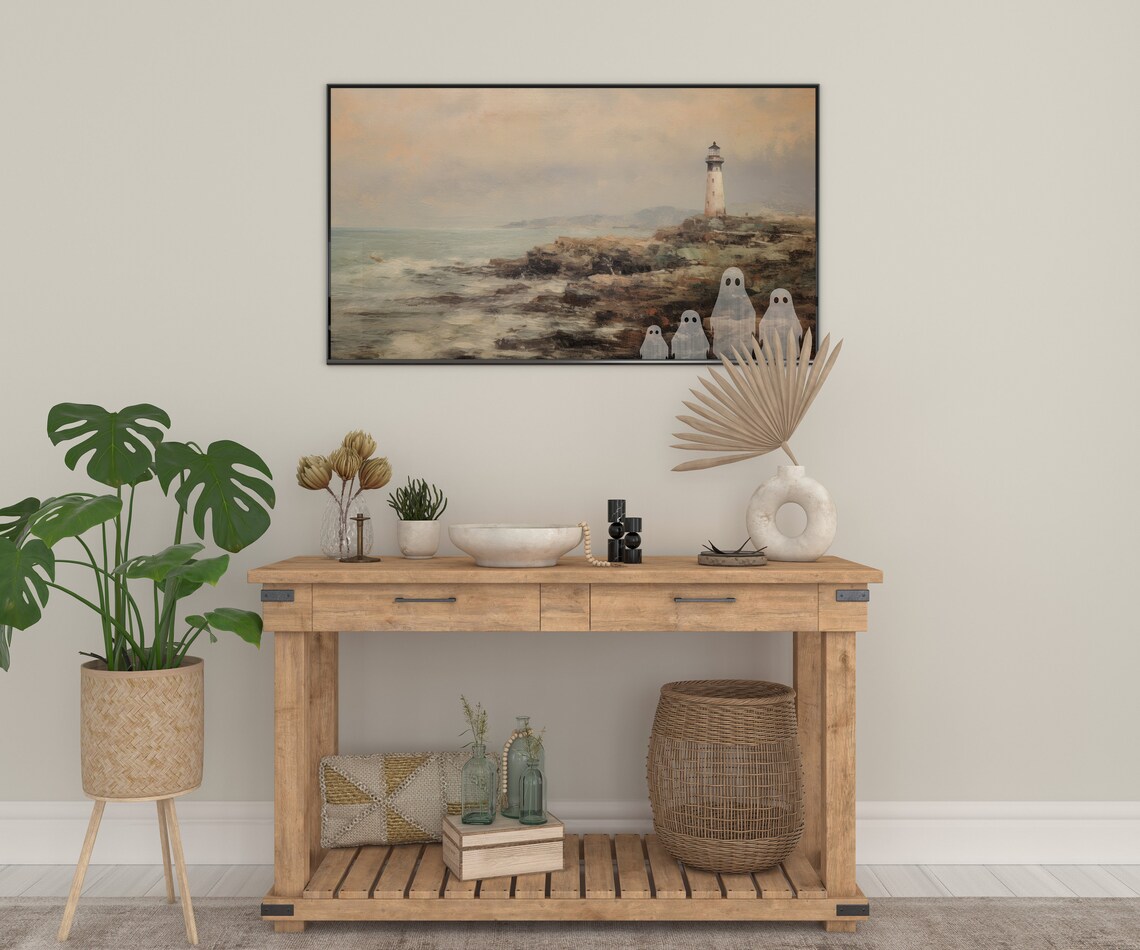 Spooky Ghost Family Coastal Lighthouse Rocky Shore Halloween Wall Art - Image 2