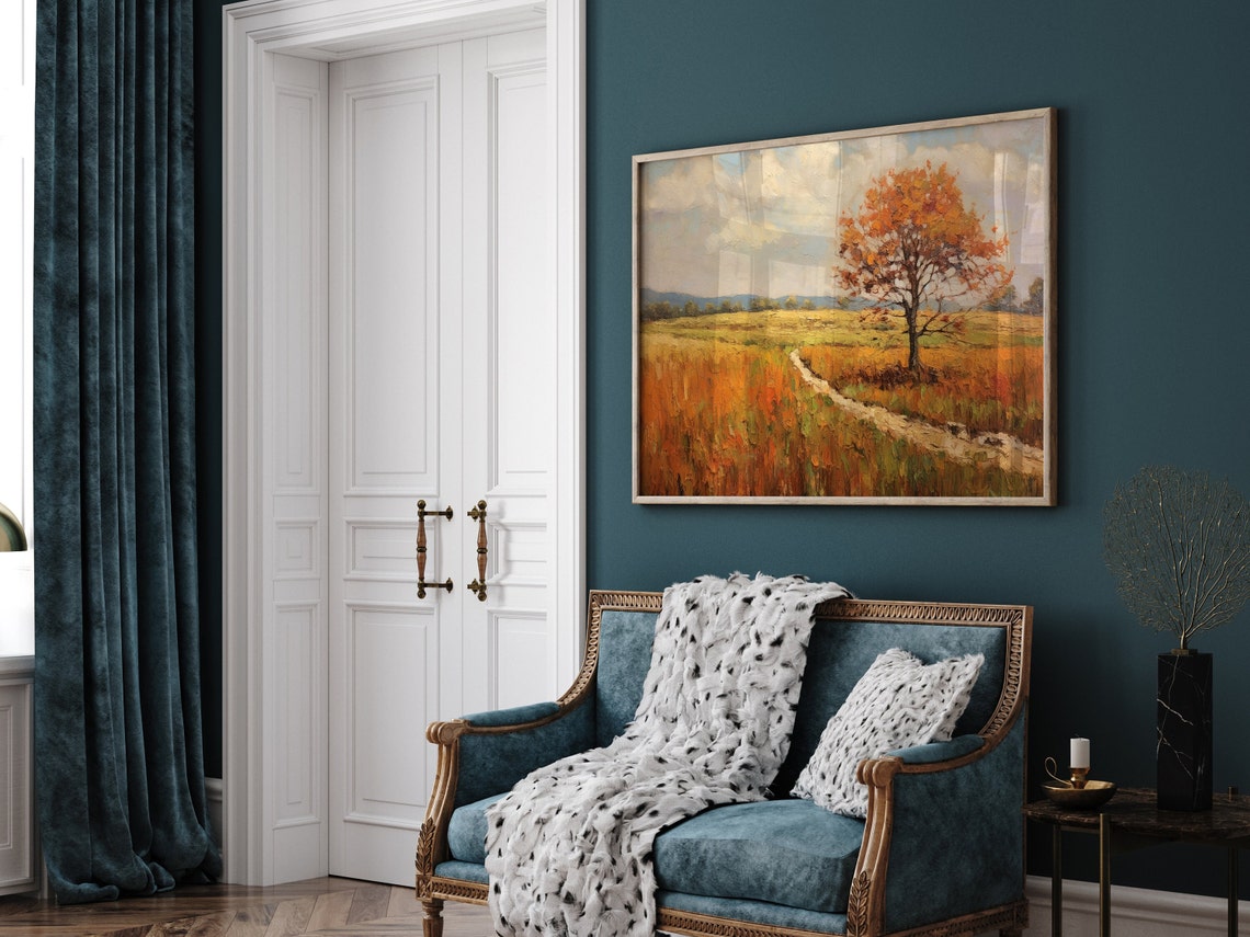 Rustic Autumn Field Lone Tree Winding Path Farmhouse Art Print - Image 3
