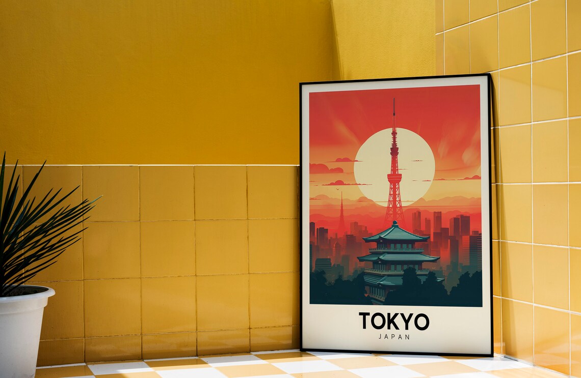 Tokyo Japan Tower Pagoda Sunset Sky Retro Travel Style Poster - Image 3