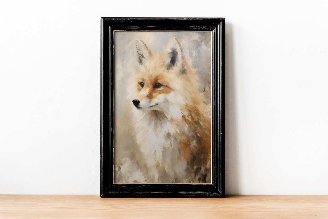 Red Fox Portrait in Soft Beige Tones Vintage Oil Painting Poster - Image 2