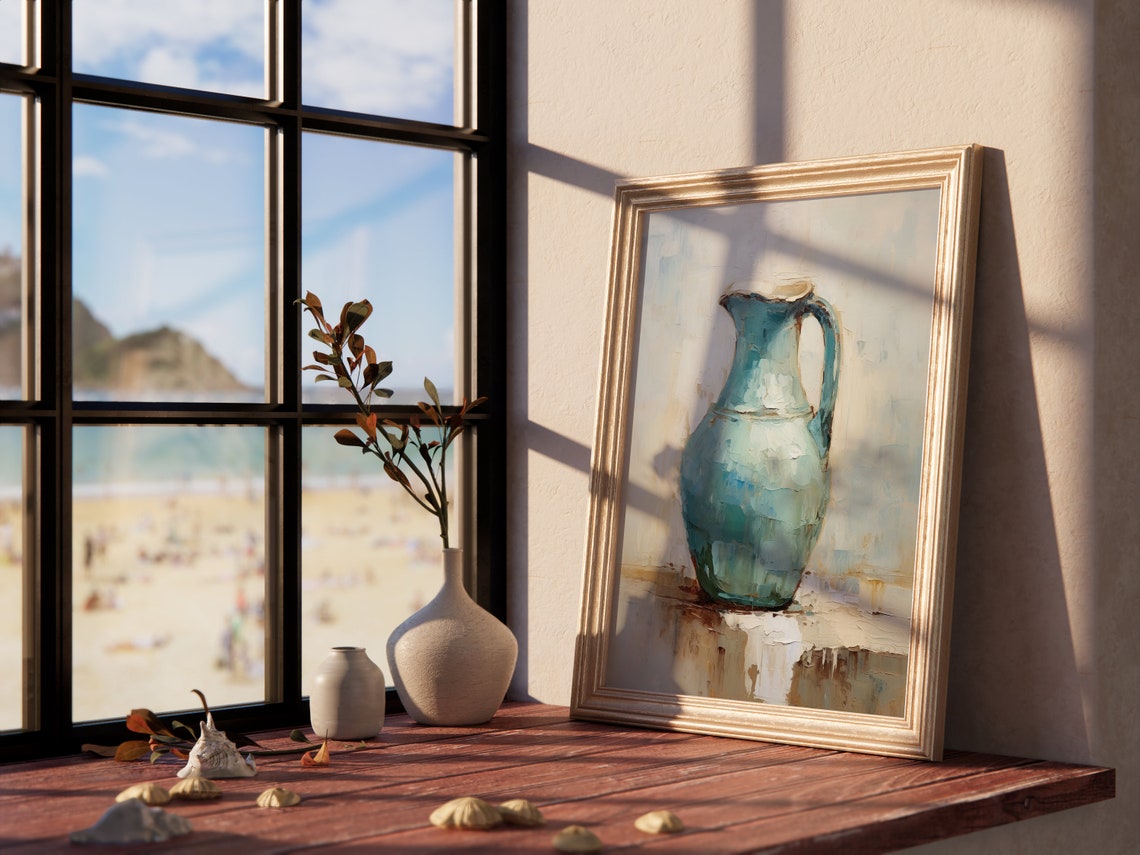 Turquoise Ceramic Pitcher Oil Painting Still Life Kitchen Wall Art - Image 3