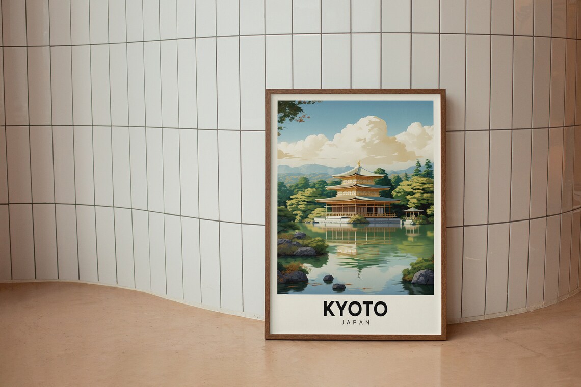Kyoto Japan Golden Pavilion Pond Retro Colorful Travel Poster - Image 2