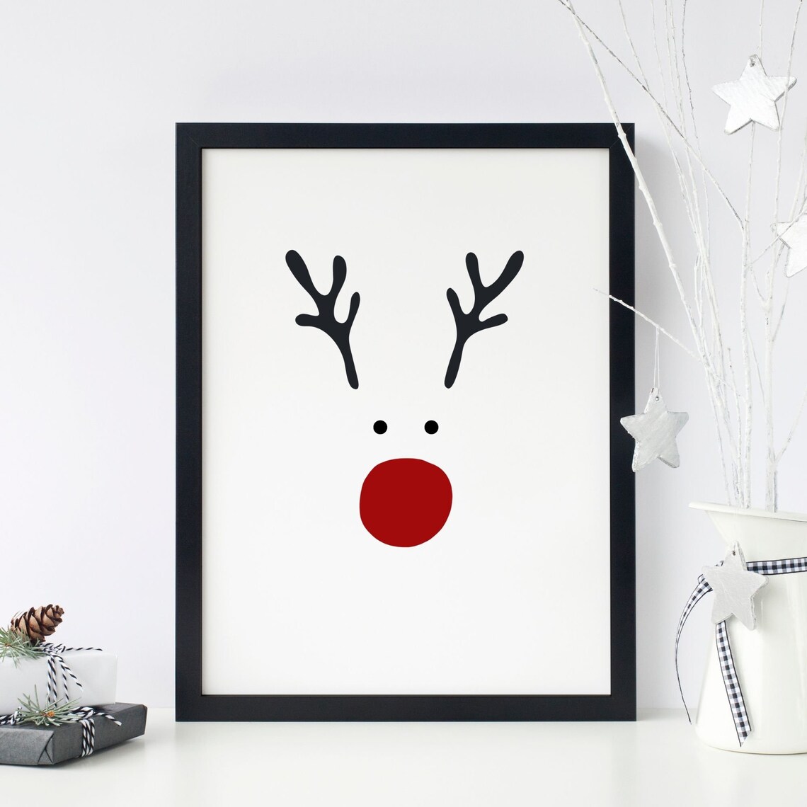 Minimalist Reindeer Face Red Nose Scandinavian Christmas Poster