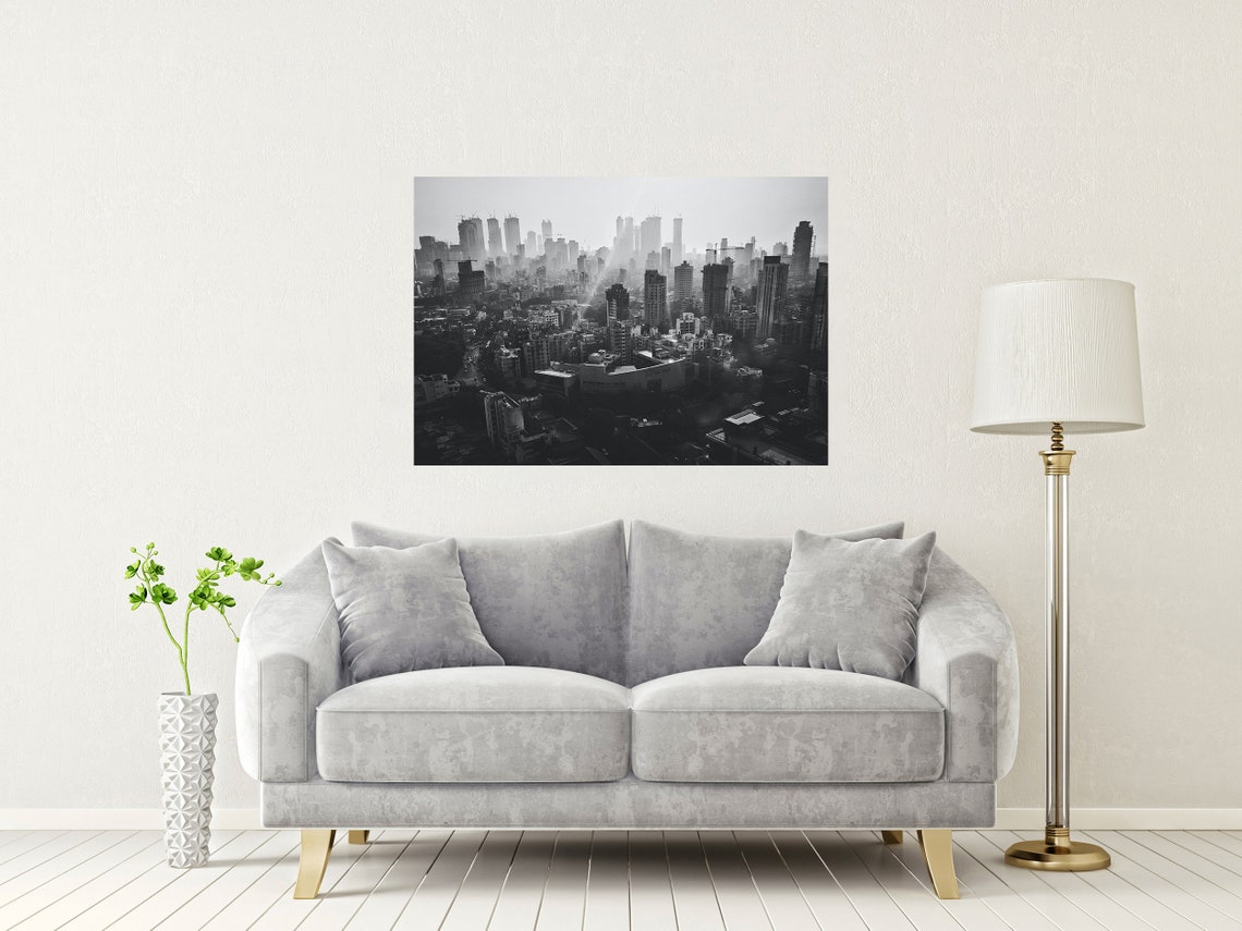 Mumbai India Black And White Skyline Through Morning Haze Poster - Image 2