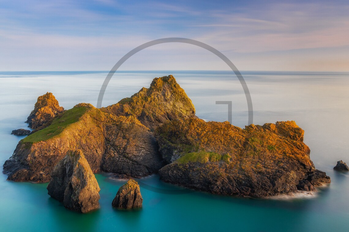 Kynance Cove Cornwall Golden Sea Stacks In Calm Sea At Sunset Poster - Image 3