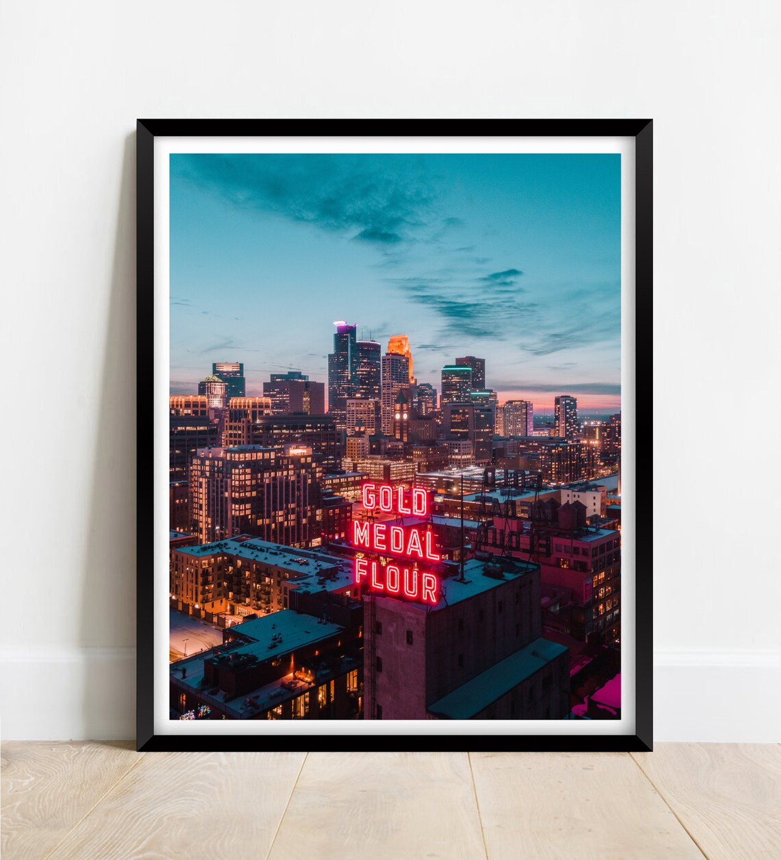 Minneapolis Skyline Sunset Gold Medal Flour Neon Sign Minnesota Poster
