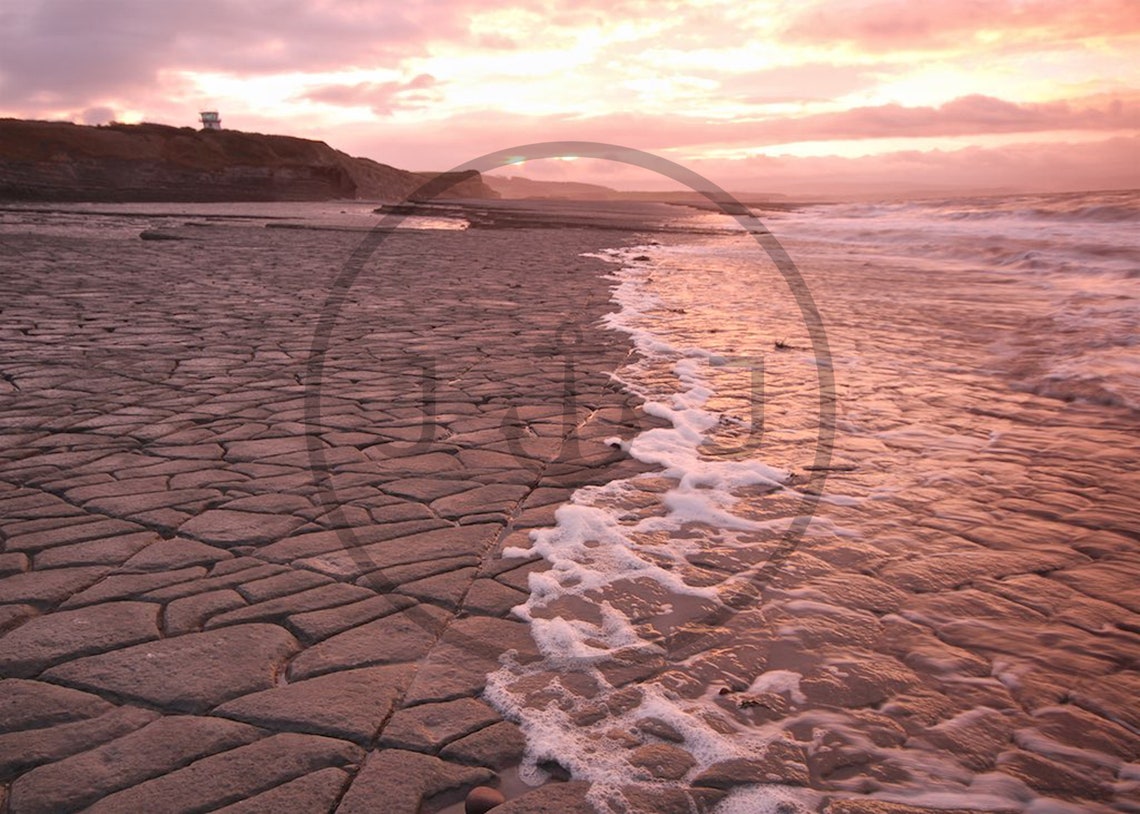 Lilstock Beach Somerset Pink Sunset Cracked Rock Shore Print - Image 3