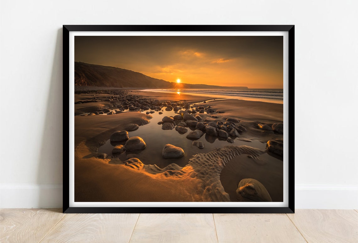 Peppercombe Beach Devon Sunset Rock Pools Golden Sand Shore Poster