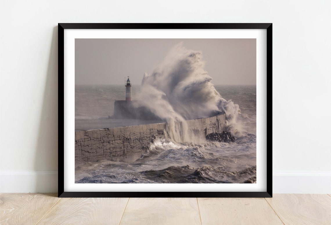 Newhaven Harbour Lighthouse Giant Storm Wave Breakwater Poster