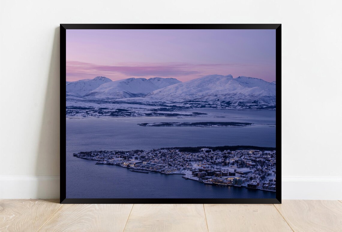 Snowy Coastal Town at Dusk Fjord Lights Winter Night Glow Poster - Image 2
