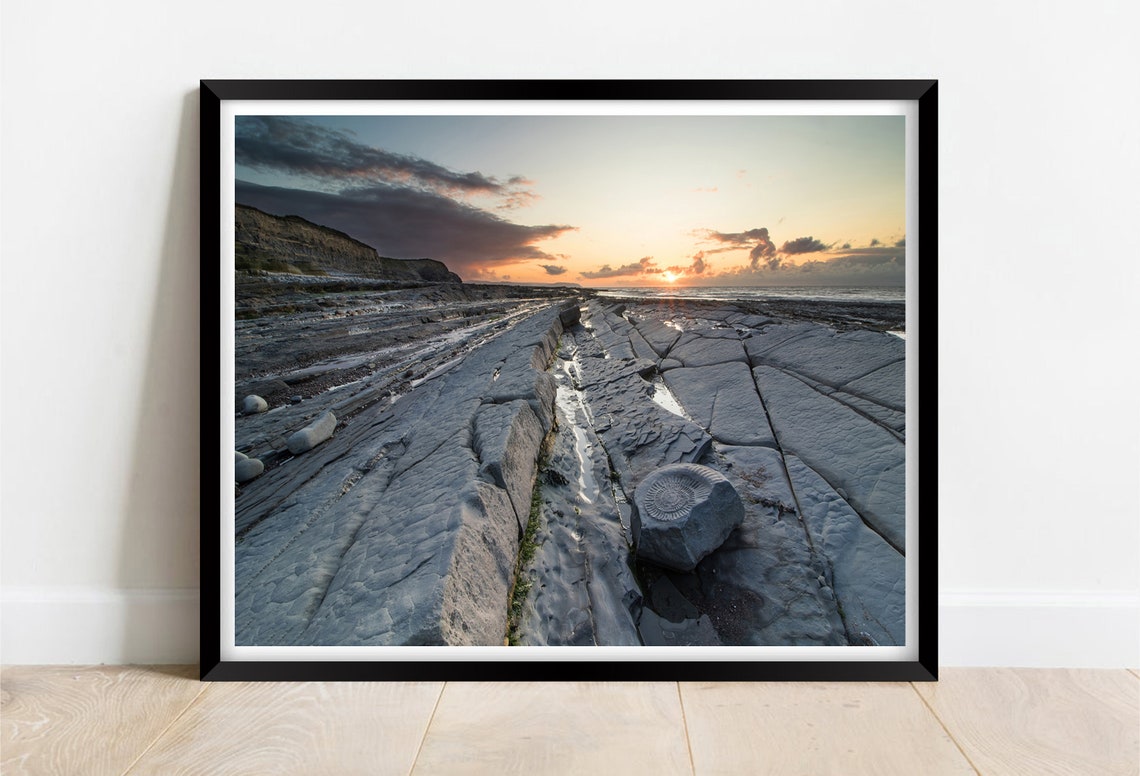 Kilve Beach Somerset Fossil Rock Shore Sunset Photography Print