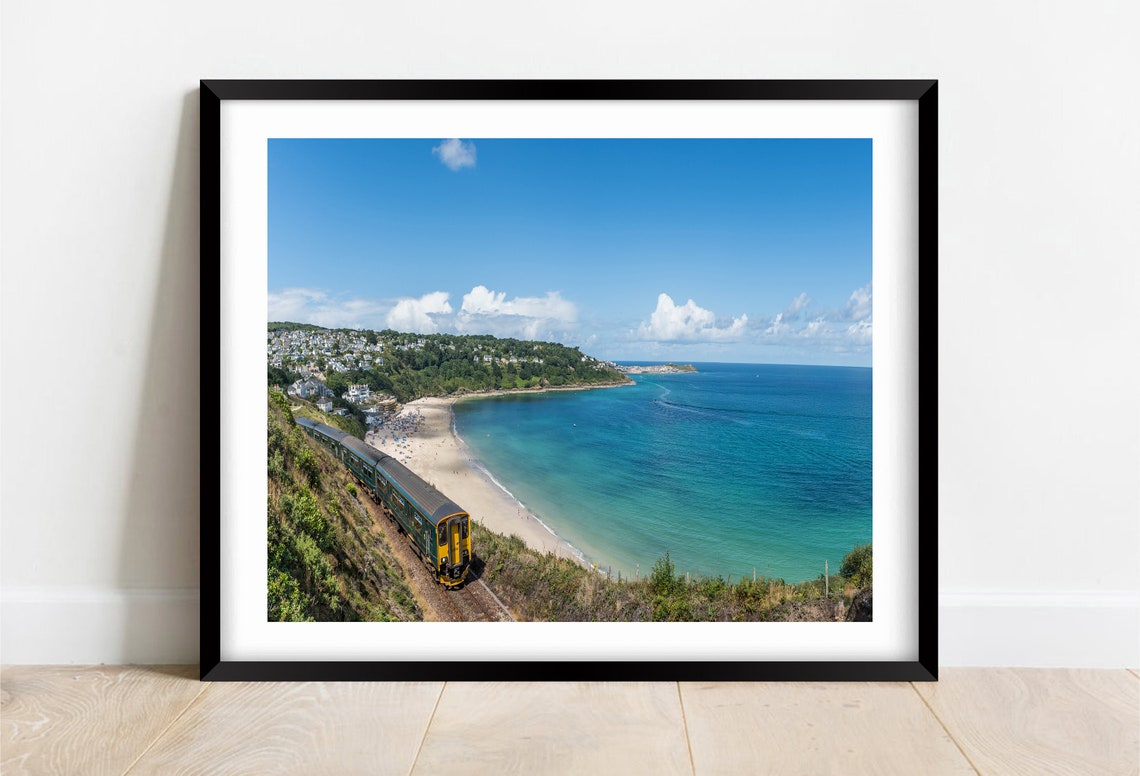 Carbis Bay Cornwall Coastal Train Along Turquoise Beach Bay Poster