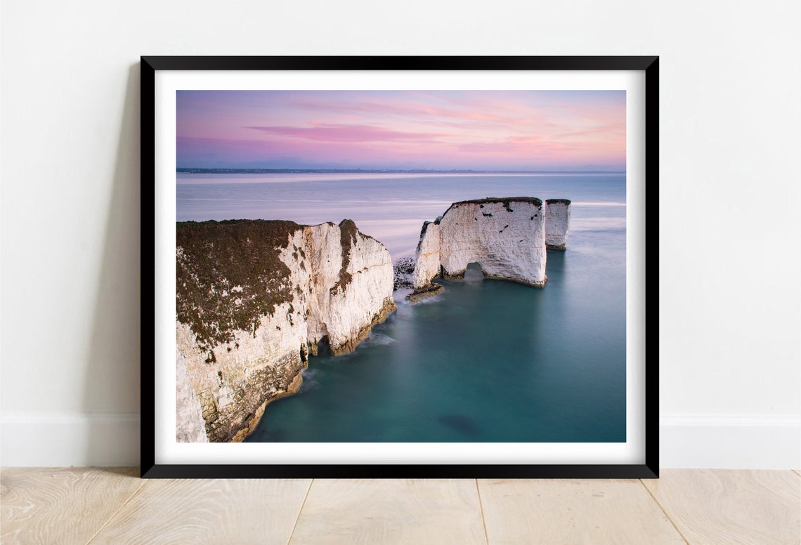 Old Harry Rocks White Chalk Sea Stacks Glowing at Pastel Dusk Poster