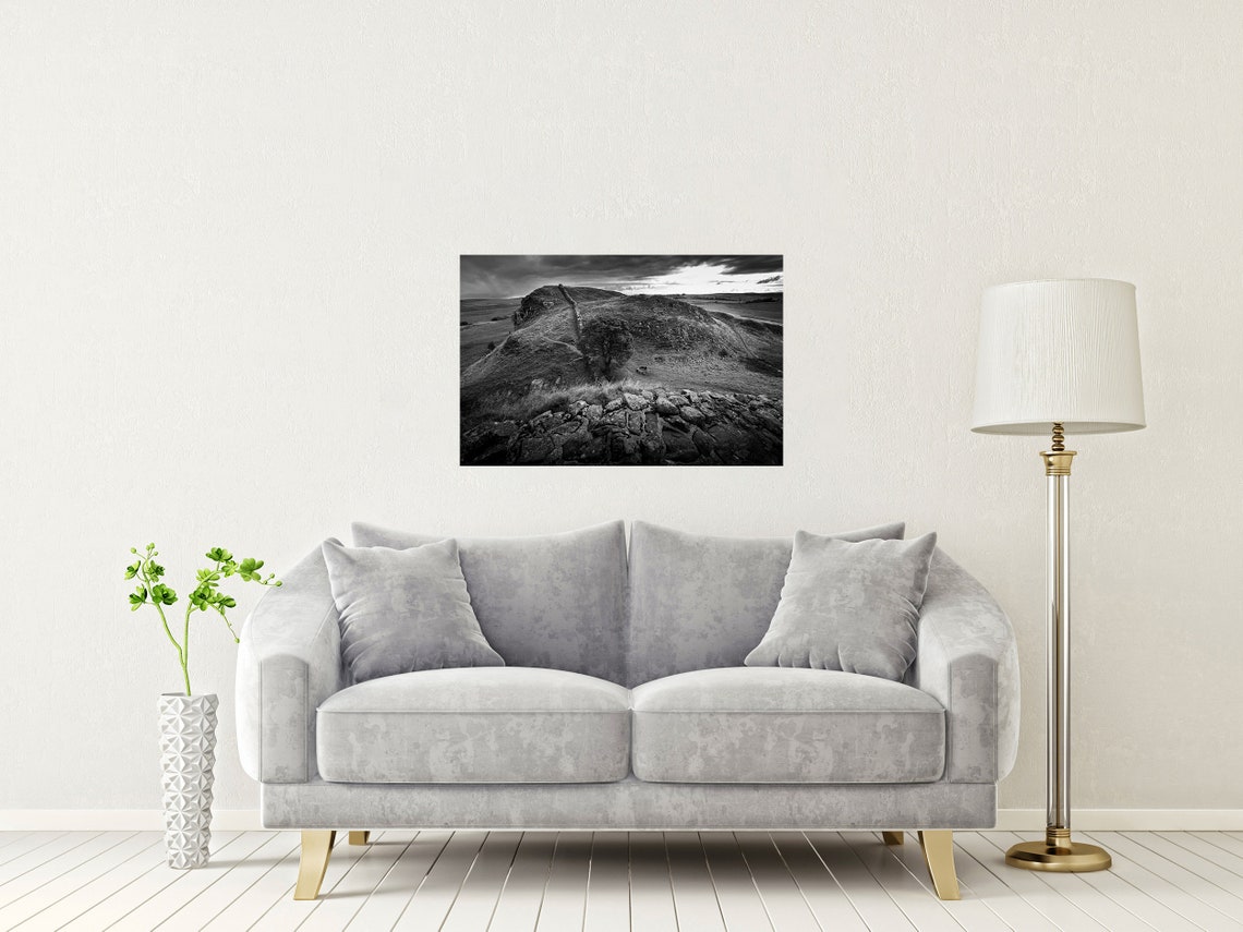 Hadrians Wall Cumbria Black And White Roman Crag Landscape Print - Image 2