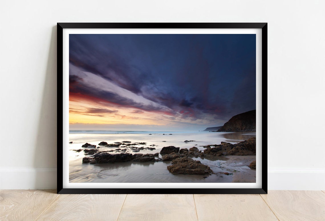 Porthtowan Beach Cornwall Sunset Dramatic Clouds Shore Poster