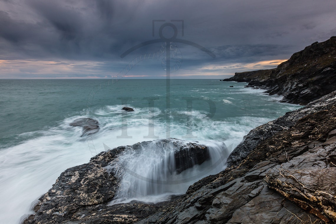 Pentire Steps Beach St Eval Cornwall Stormy Waves Cliffs Poster - Image 3