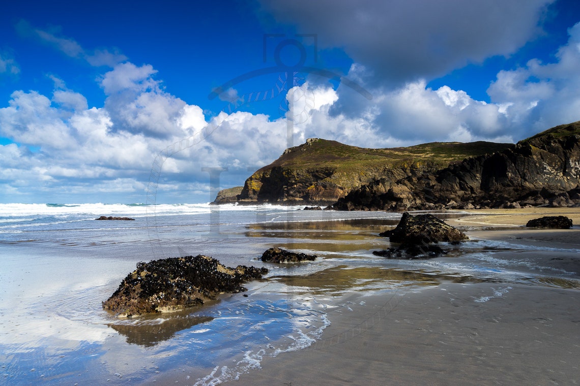 Lundy Bay Beach Cornwall Wet Sand Sky Mirror Reflections Poster - Image 3