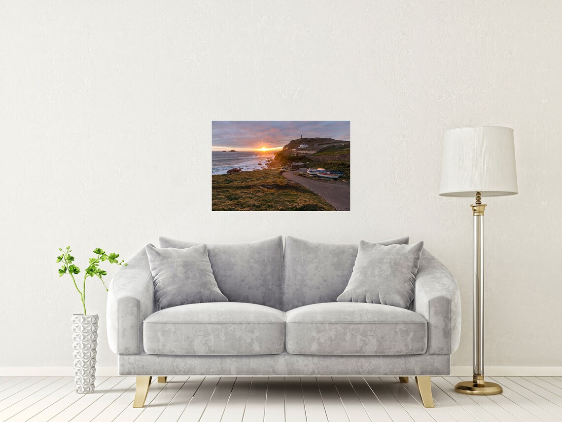 Cape Cornwall Sunset Boats Cottages Rocky Headland Mine Chimney Poster - Image 2