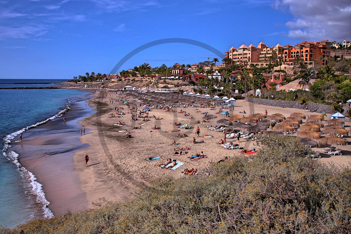 Los Cristianos Tenerife Busy Sandy Beach Sun Loungers Resort Poster - Image 3