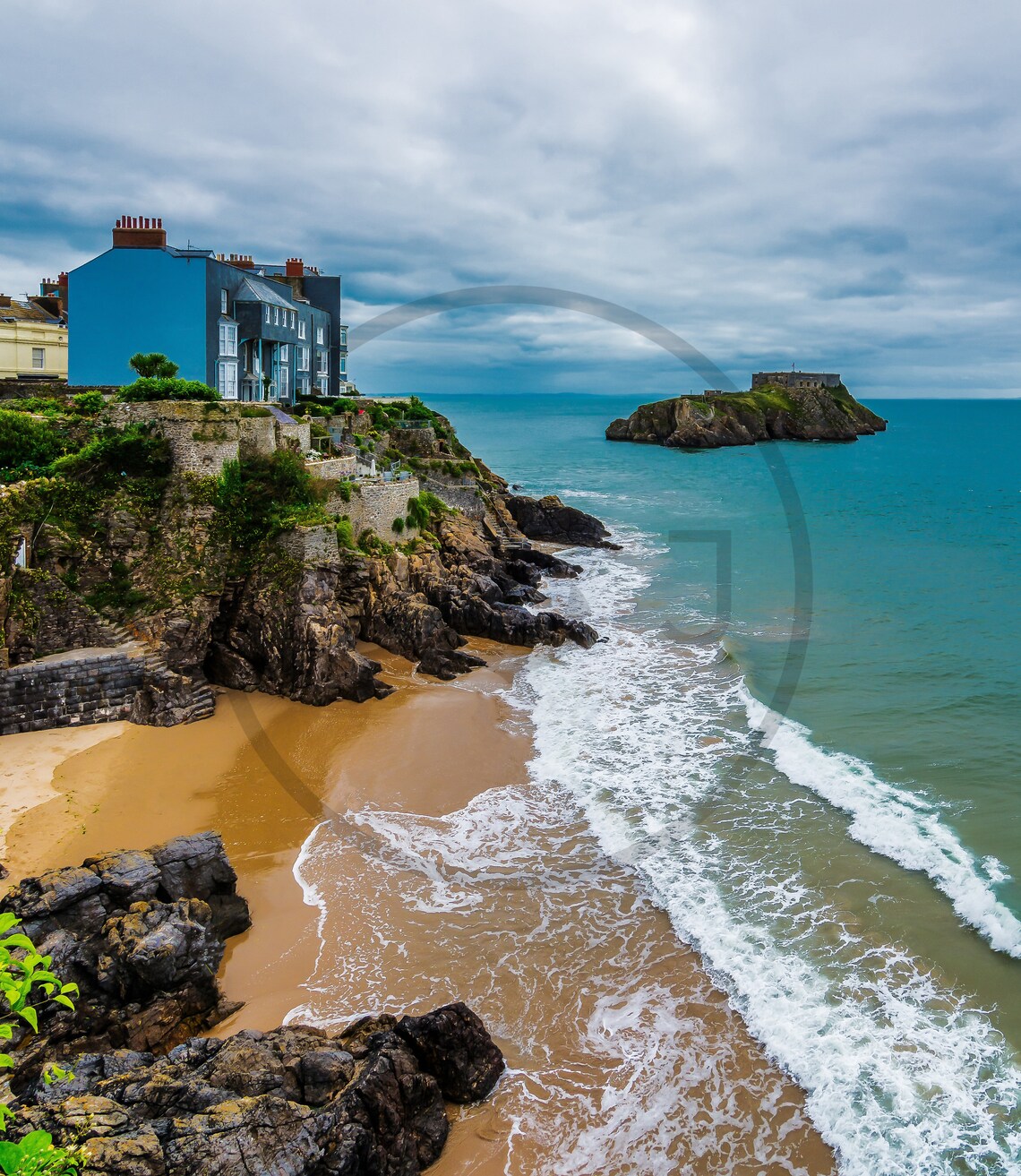 Tenby Pembrokeshire Wales Colourful Cliff Houses Beach Poster - Image 3