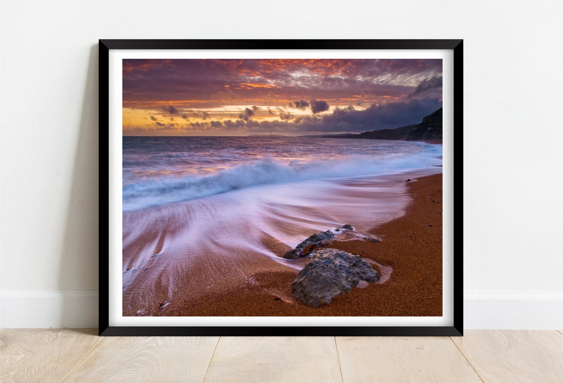 Dramatic Isle Of Wight Sunset Beach Rolling Surf Waves Poster
