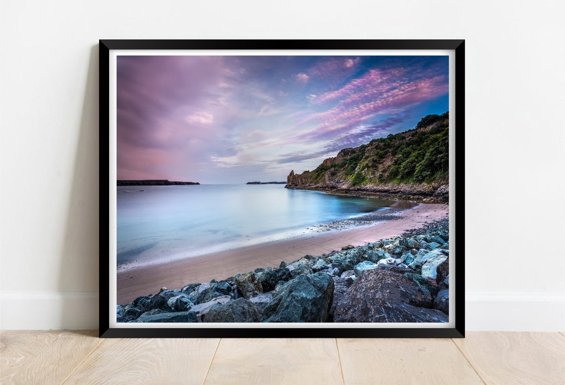 Lydstep Beach Tenby Wales Pink Sky Rocky Shore Seascape Print