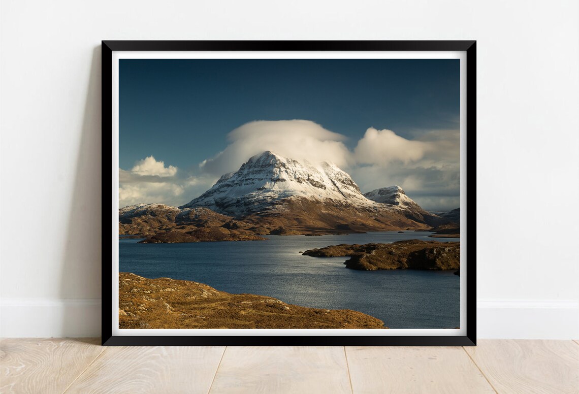 Inverpolly Mountain Scotland Snowy Peak Loch View Winter Sky Poster