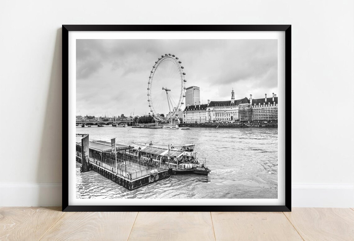 London Eye Wheel River Thames Black and White Skyline Poster