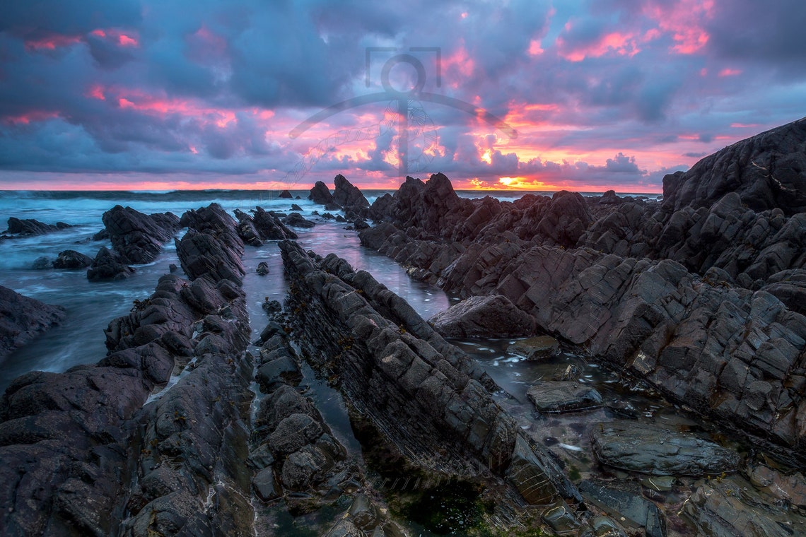 Welcombe Mouth Beach Devon Sunset Over Jagged Rocks Scene Poster - Image 3