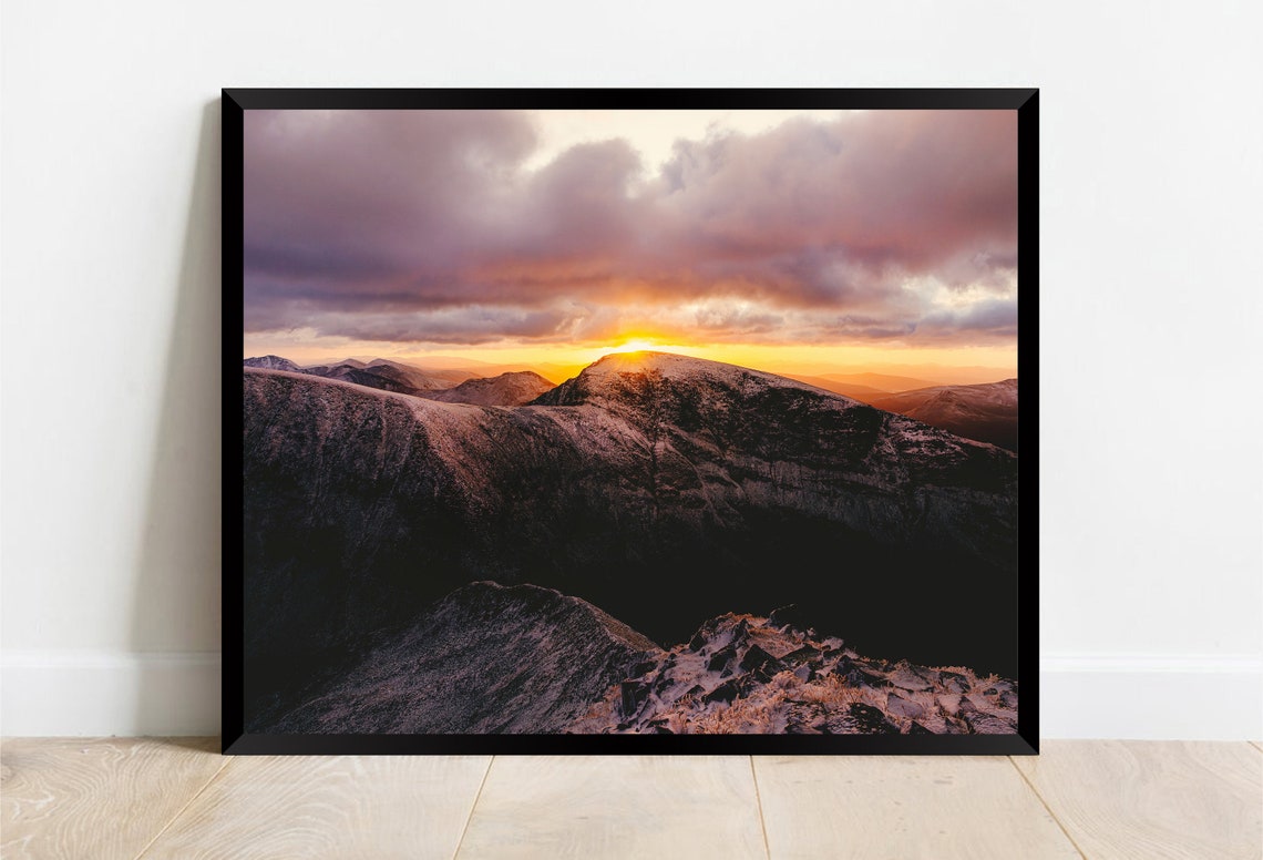 Dramatic Sunrise Over Dark Mountain Peaks Golden Clouds Poster - Image 2