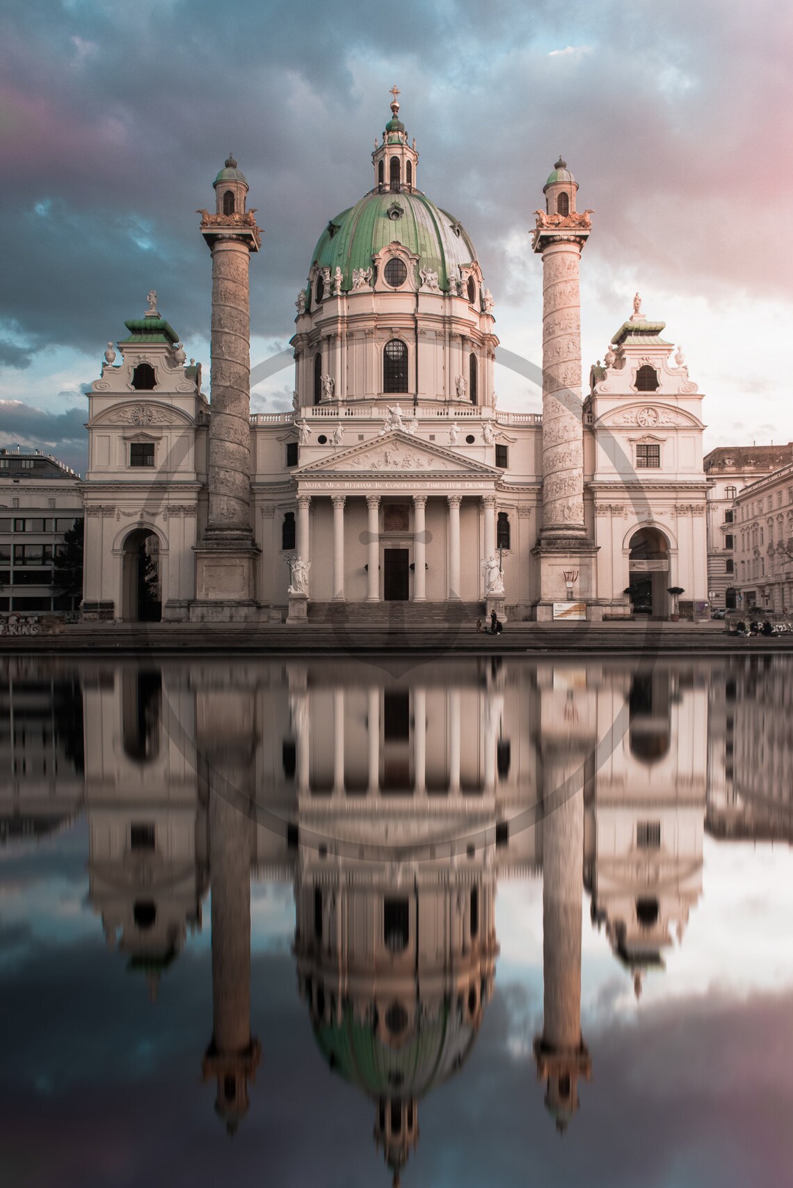 Karlskirche Church Vienna Austria Reflected In Water At Dusk Poster - Image 3
