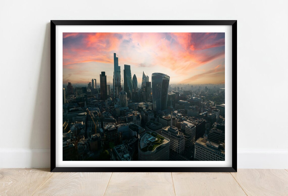 London City Skyline Sunset Aerial View Fine Art Photo Poster