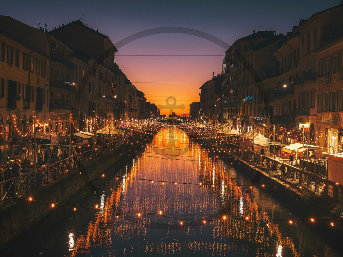 Milan Naviglio Grande Canal Night Lights Reflection Photo Poster - Image 3