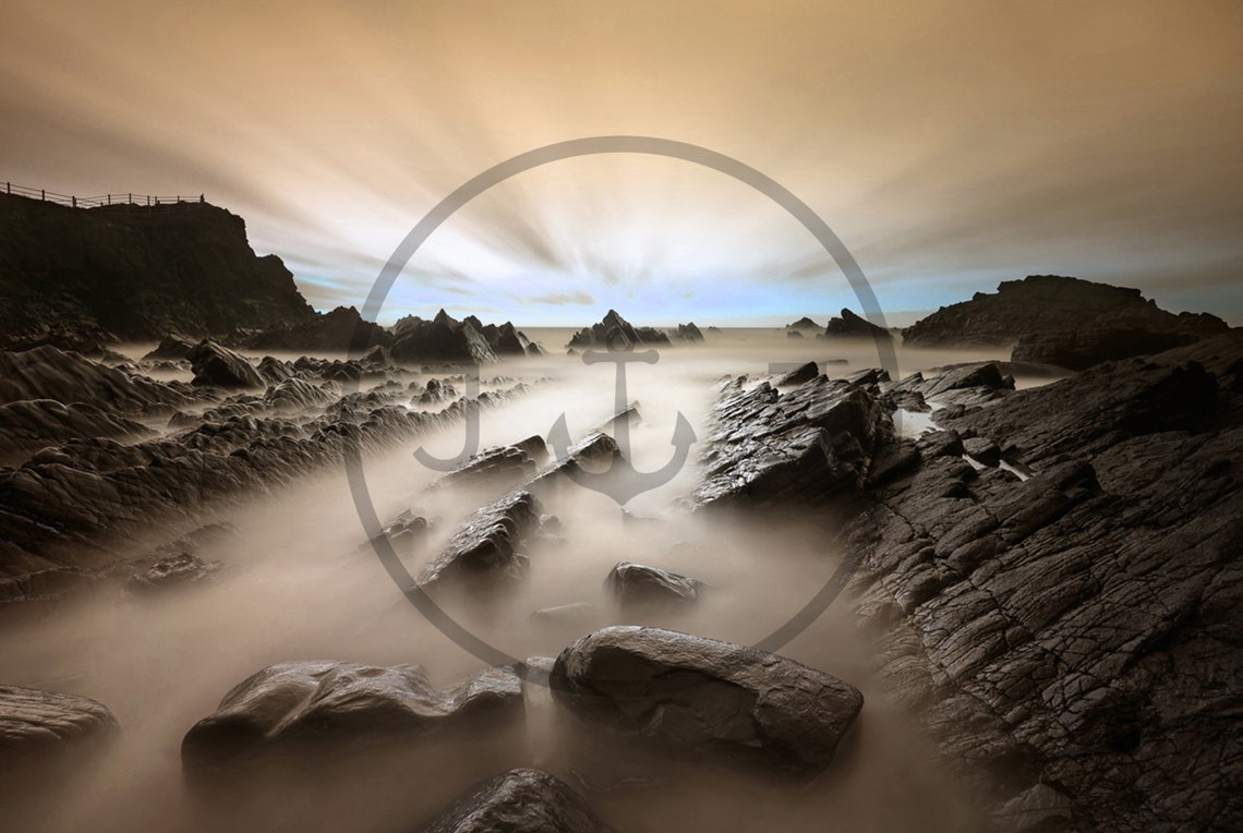 Hartland Quay Devon Long Exposure Rocky Shore Golden Sky Poster - Image 3