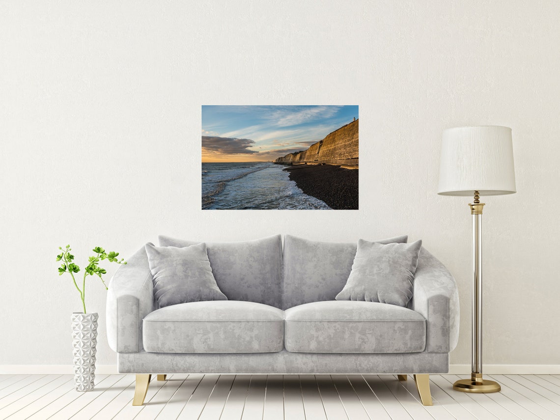 Peacehaven Beach Chalk Cliffs and Shingle Shore at Sunset Poster - Image 2