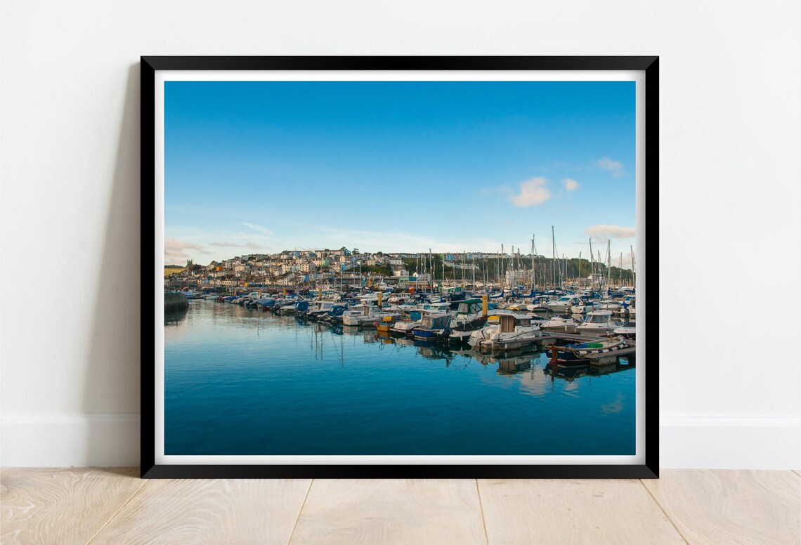 Brixham Devon Harbour Marina Sailboats Hillside Town Summer Art Poster