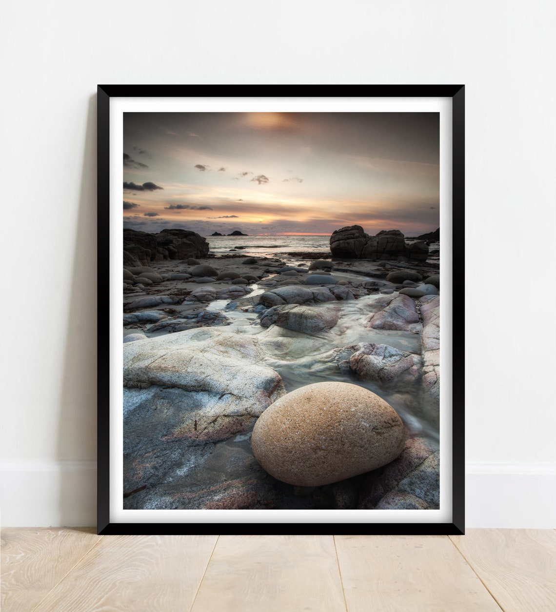 Porth Nanven Cornwall Granite Boulders Atlantic Sunset Poster