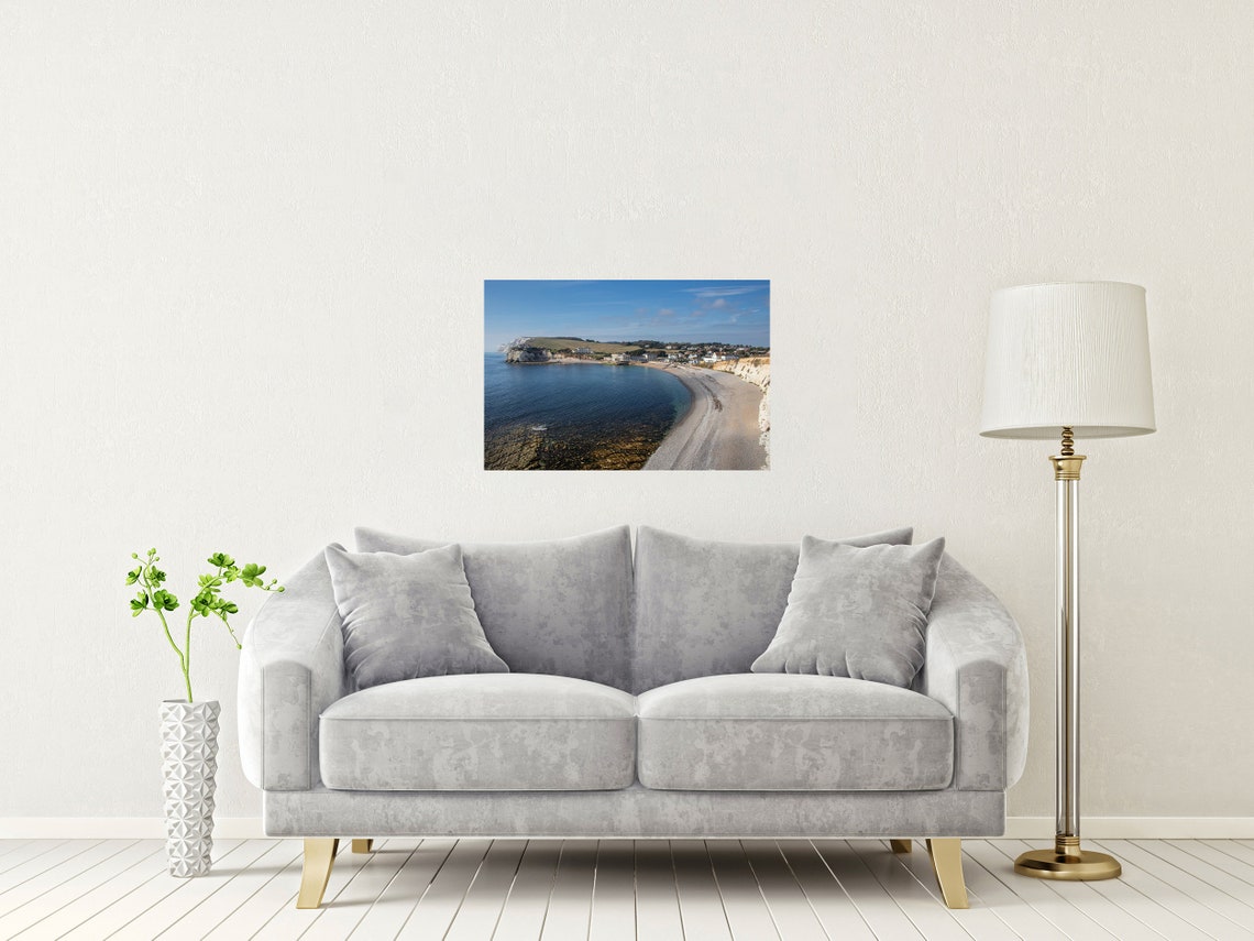 Freshwater Bay Isle Of Wight Chalk Cliffs Curved Beach Village Poster - Image 2