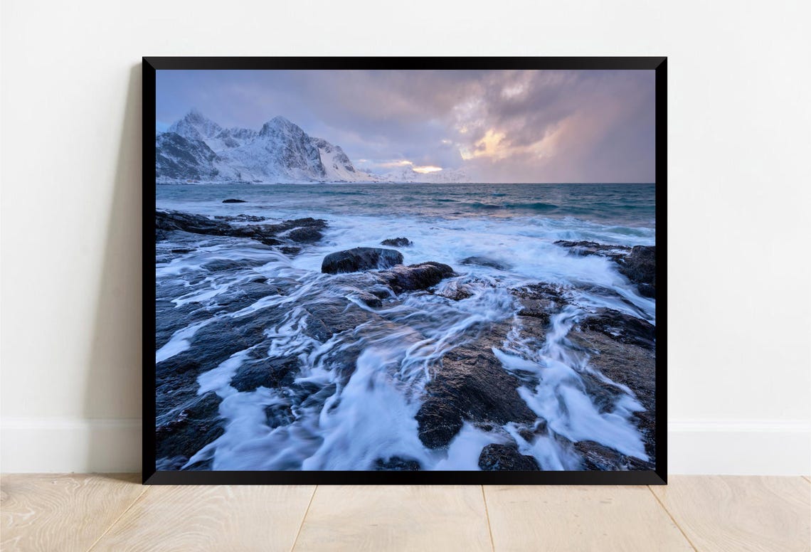 Snowy Peaks Above Rocky Arctic Coast Waves Dusk Light Poster - Image 2