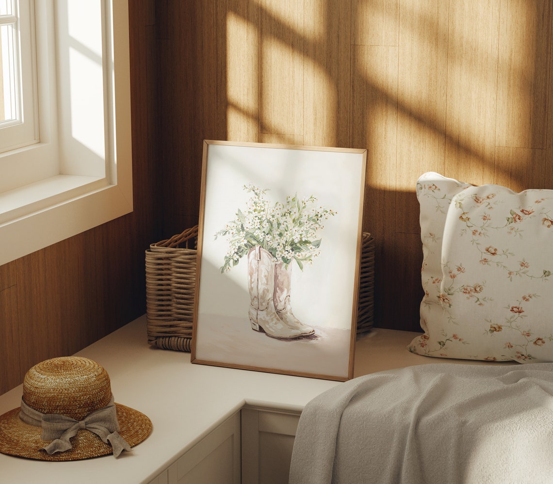 White Cowboy Boots with Wildflowers Watercolor Western Chic Wall Art - Image 2