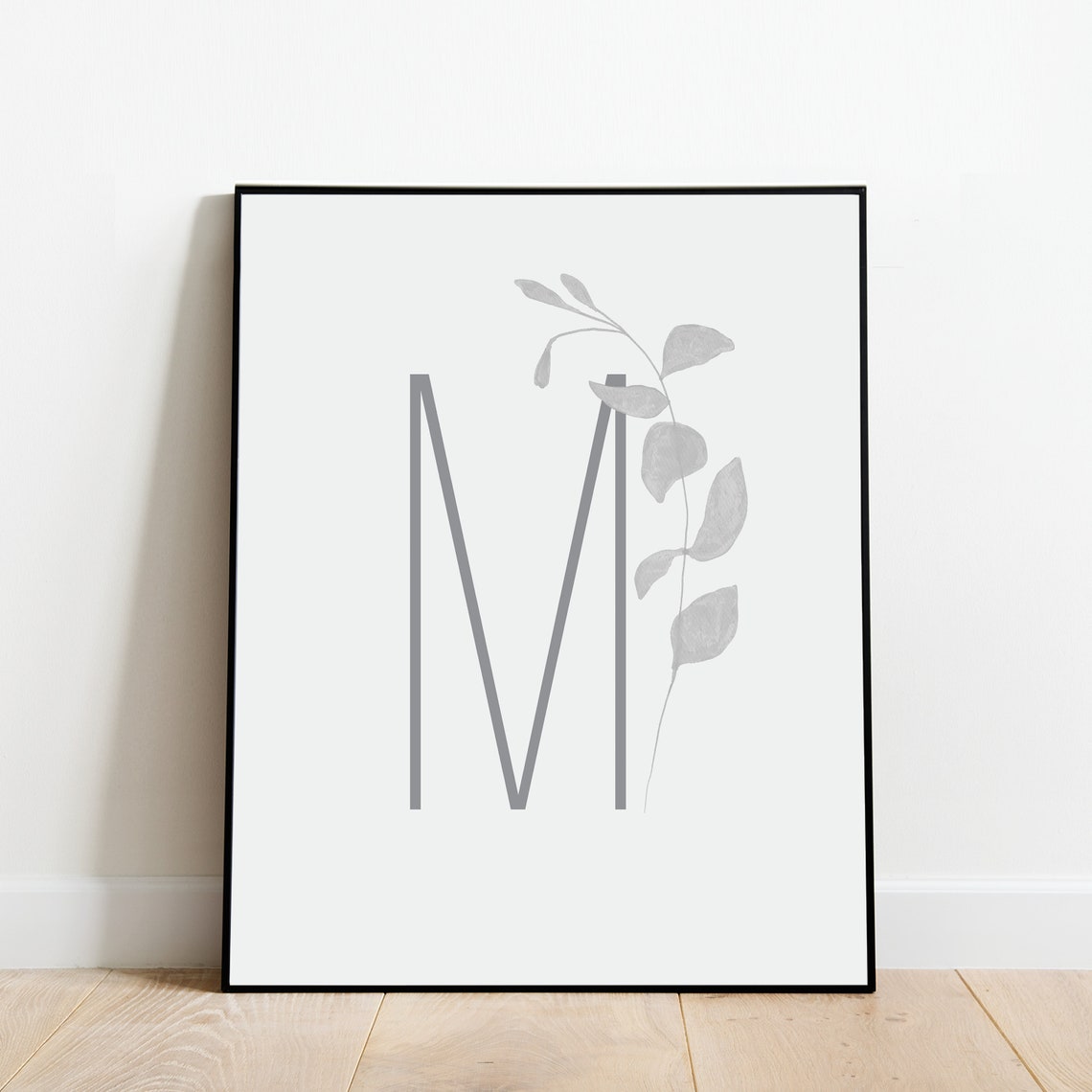 Letter M Botanical Initial Print with Soft Beige Leaf Sprig Art - Image 2