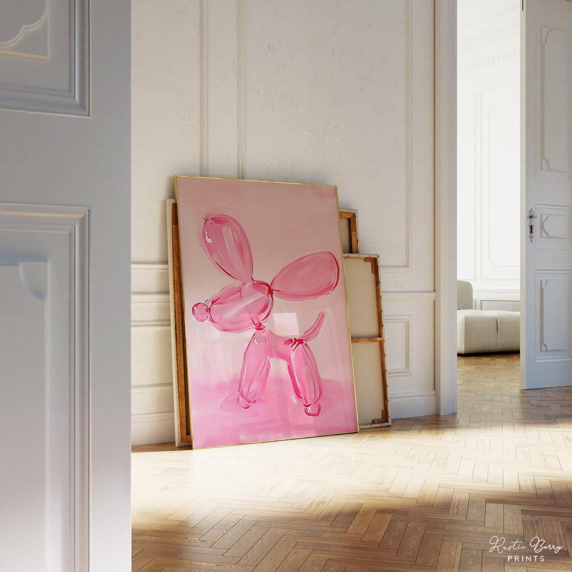 Pink Balloon Dog Painterly Abstract Coquette Bedroom Wall Art Print