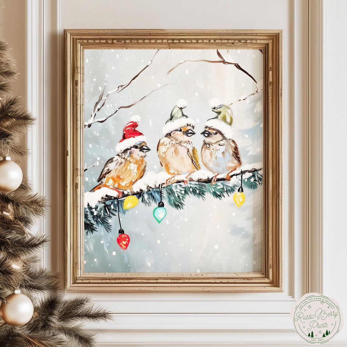 Cute Birds Santa Hats Christmas Lights Snowy Branch Wall Print
