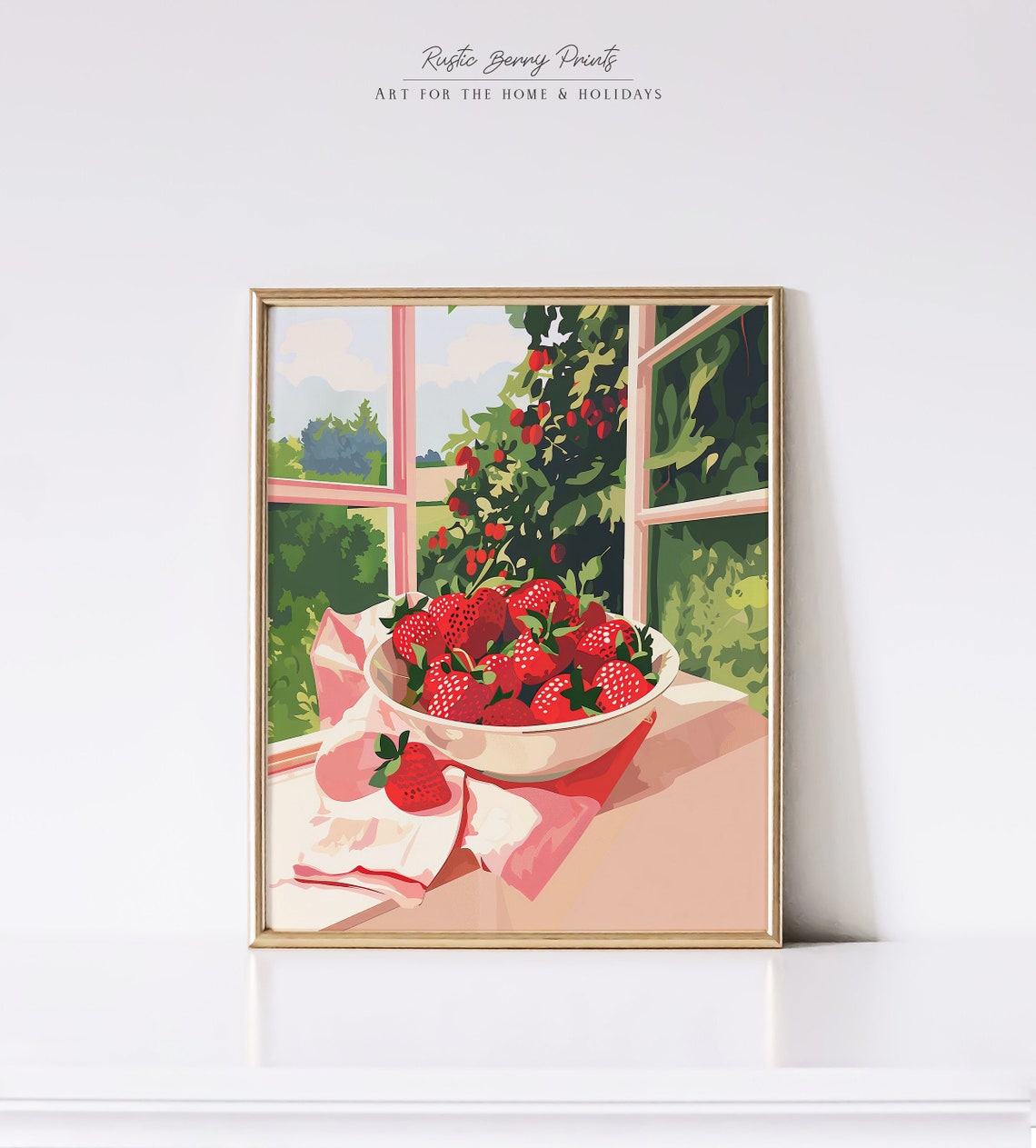 Bowl Of Strawberries Pink Window Modern Fruit Illustration Wall Art