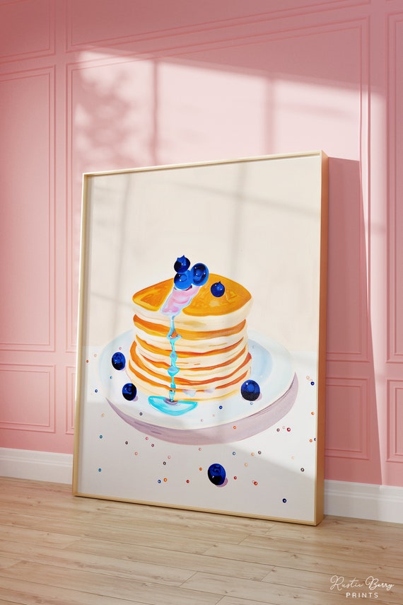 Blueberry Pancakes Art Print Wall Art Vintage Poster Retro Food Art Poster Kitchen Art Foodie Art Blueberries