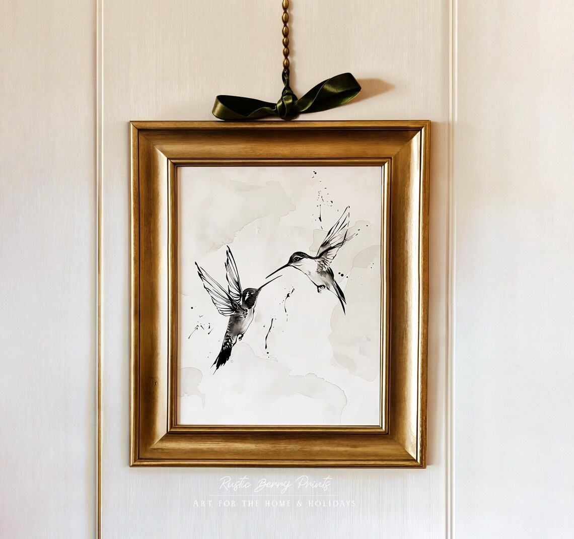 Two Hummingbirds Black Ink Watercolor Minimalist Bird Painting Poster