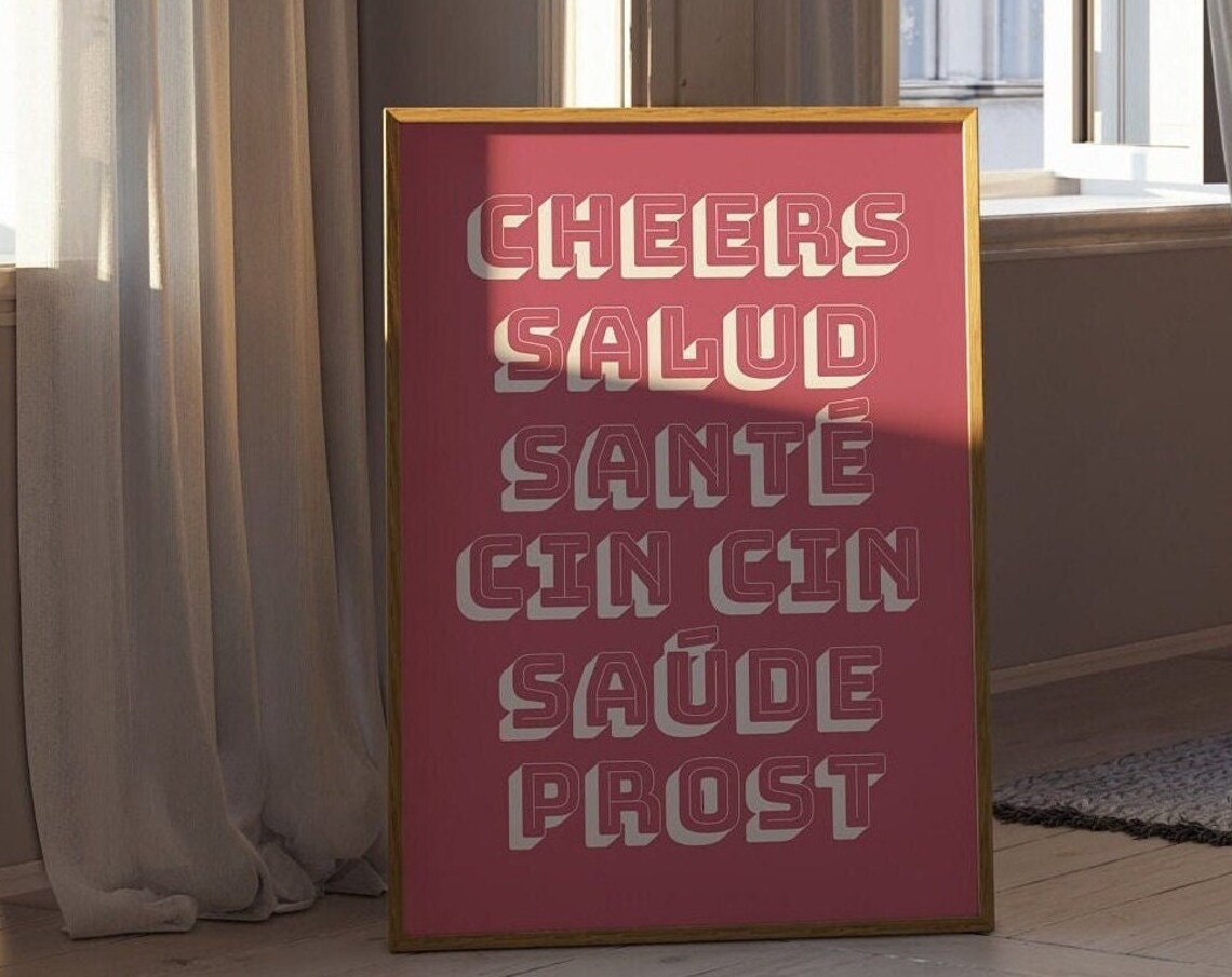 Cheers Salud Sante Multilingual Toast Pink Bar Cart Quote Poster - Image 2
