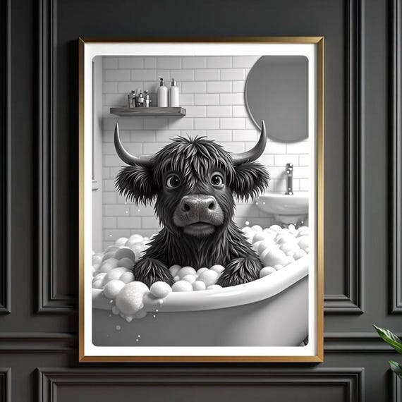 Highland Cow Bubble Bath Print Funny Bathroom Wall Art