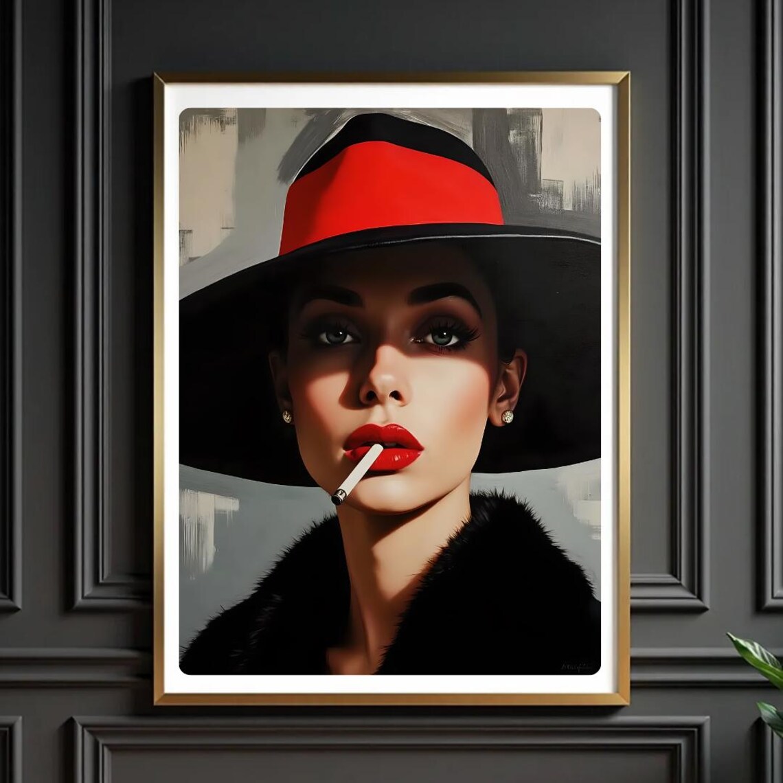 Retro Femme Fatale Red Hat Glamour Woman Vintage Style Art Poster