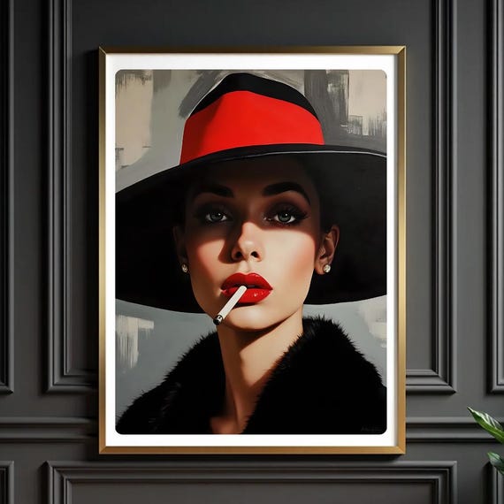 Femme Fatale Art Print Retro Red Hat Woman Vintage Glamour